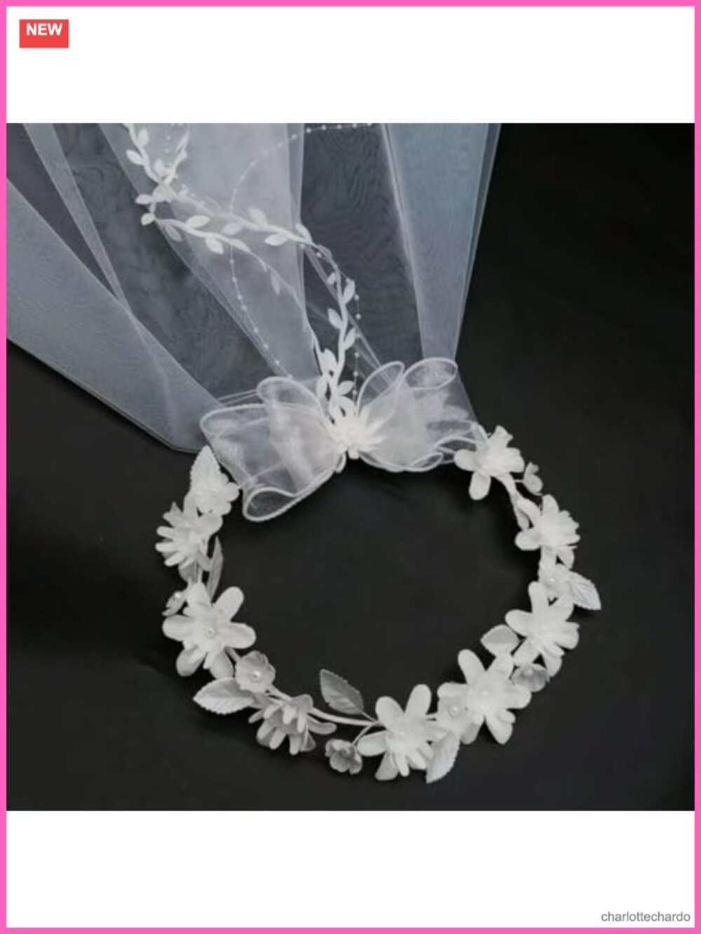 Handmade Polyester Floral Crown with Veil – Wedding Bridal Headband